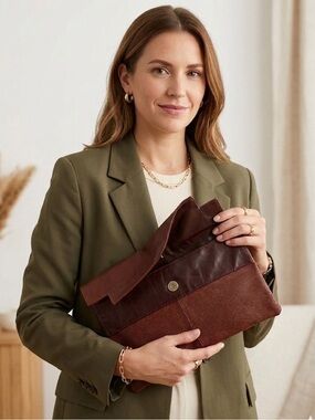 Made In Italy 90’s Genuine Leather Lizard Embossed Oversized Clutch Brown